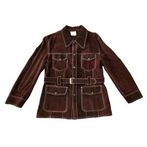 Vintage 70s Men’s Belted Suede Jacket in Brown with Contrast Stitching